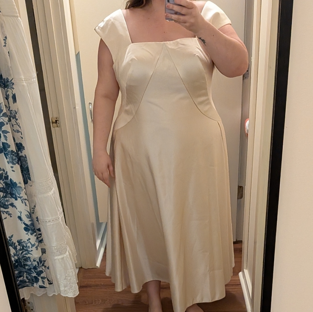 Darling Cream Satin Square-Neck Midi Engagement Wedding Graduation Dress 3X